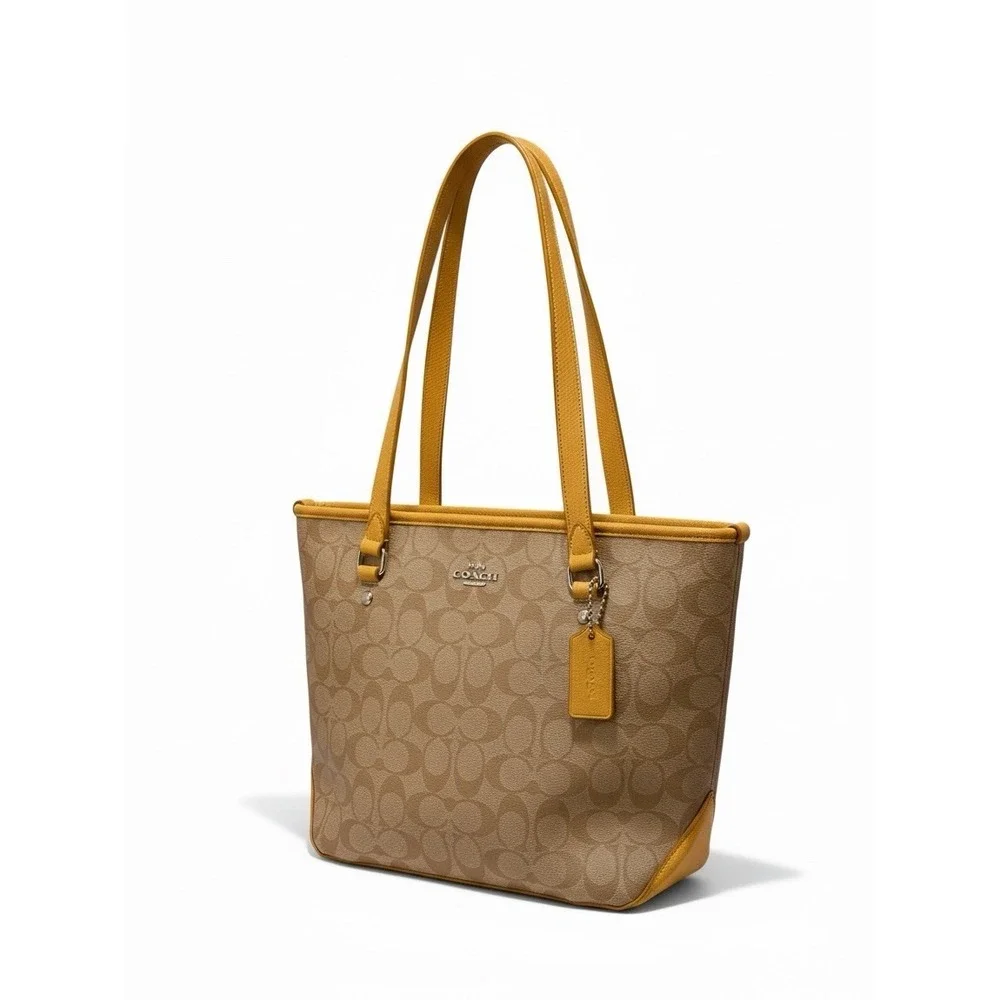Coach Signature Zip Top Tote Light Khaki/Canary Beige Yellow Silver